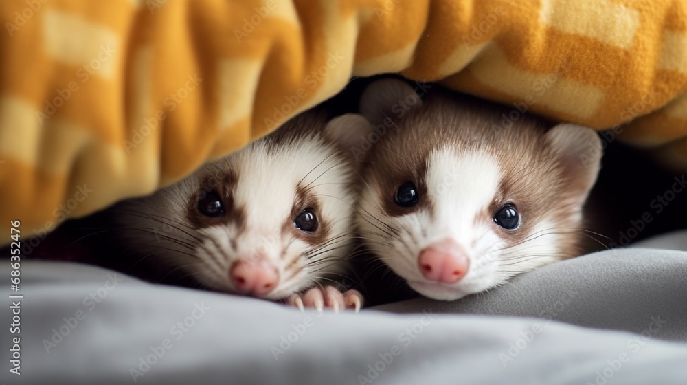 A pair of expressive ferrets engaged in a game of hide and seek, peeking out from a cozy hideaway.