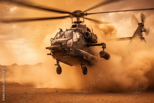 A woman exits an Apache helicopter impressively. Generative AI photo