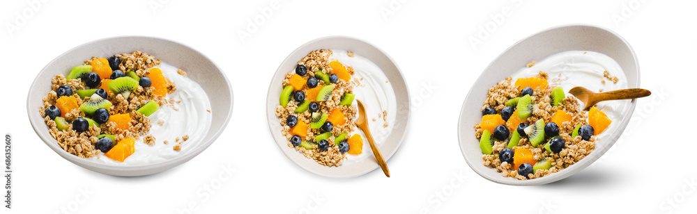 Yogurt with Granola, Kiwi, Blueberries, and Orange in a Bowl, Healthy Snack or Breakfast, White Background Yogurt with Granola, Kiwi, Blueberries, and Orange in a Bowl, Healthy Snack or Breakfast, White Background