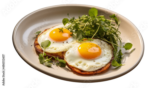 A gourmet serving of fried eggs on toast. Top star restaurant