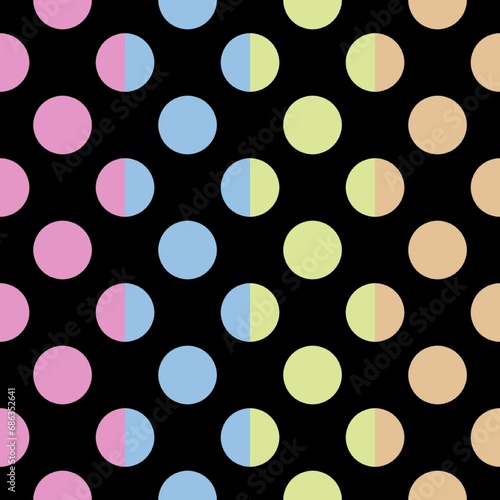 Seamless polka dot pattern background with colorful circles on black background. 