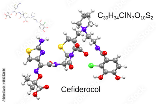 Chemical formula, structural formula and 3D ball-and-stick model of antibiotic cefiderocol photo