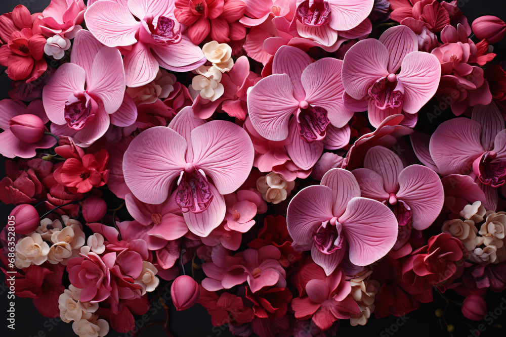 orchids, floral background, top view. a bouquet, lots of colorful exotic flowers. orchids, floral background, top view. a bouquet, lots of colorful exotic flowers.