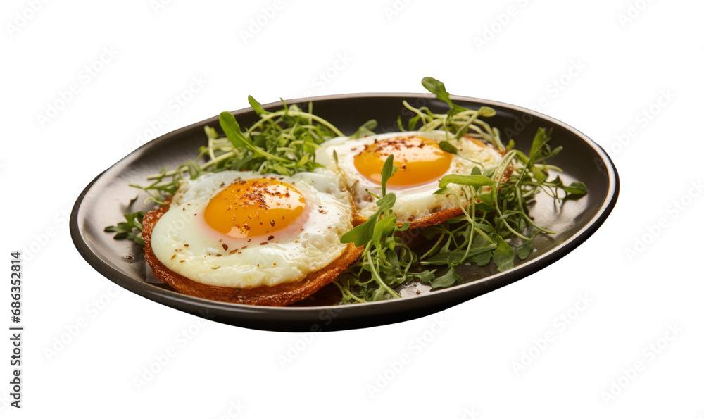 Two fried eggs with microgreens garnish on an elegant plate. Two fried eggs with microgreens garnish on an elegant plate.