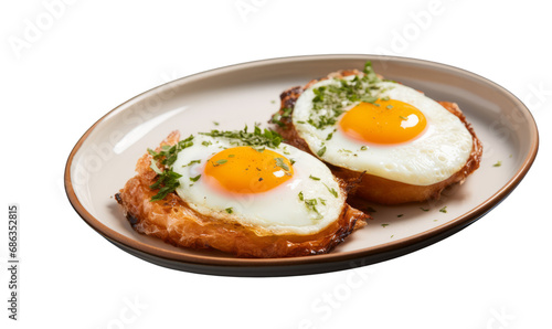 Two fried eggs with microgreens garnish on an elegant plate.