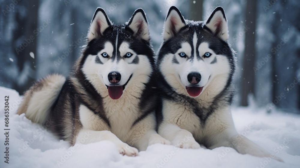 A pair of majestic huskies with striking blue eyes, enjoying a snowy day with playful antics.