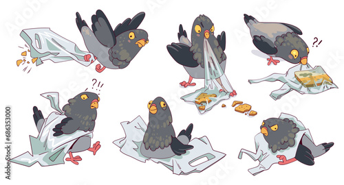 Funny plots with a pigeon and a plastic bag. Animal ecological problem. Collection of silly pigeon in different poses. Colorful cartoon character. Funny vector illustration. Isolated white background