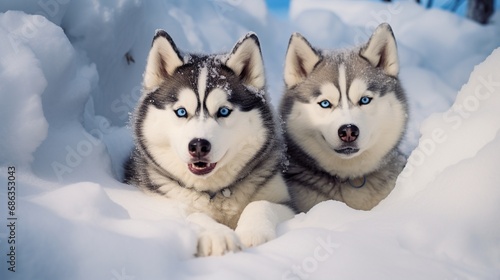A pair of majestic huskies with striking blue eyes  enjoying a snowy day with playful antics.
