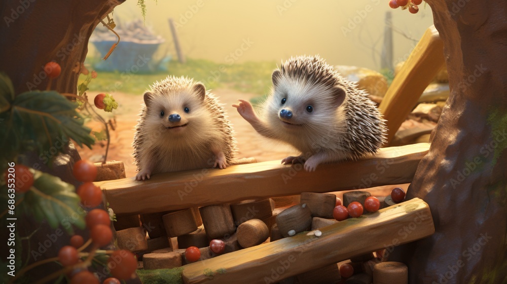 A pair of playful hedgehogs exploring a miniature obstacle course, quills visible and noses twitching.