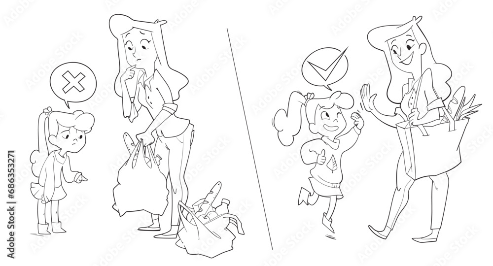 Mom and daughter use an eco bag or a plastic bag for shopping. Right choice to support conservation. Cartoon style. Black and white cartoon character. Funny vector illustration. Isolated background