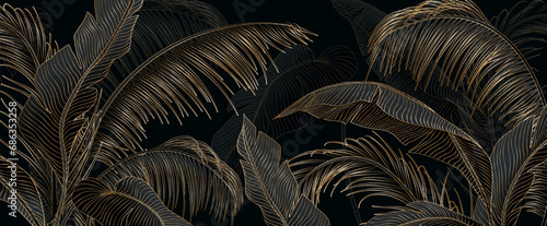Luxury black and white art background with tropical palm leaves in golden line art style. Botanical banner with exotic plants for decoration, print, textile, wallpaper, interior design.