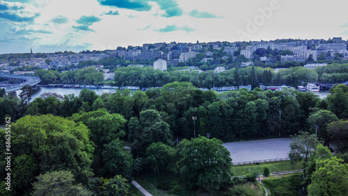 Drone point of view on Park Edmond de Rothschild and Seine river and Saint-Cloud district