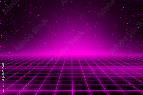 Puple space technology light grid line field with sky particles abstract background