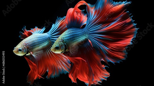 A pair of sleek Siamese fighting fish  their vibrant tails creating a stunning display in a glass aquarium.
