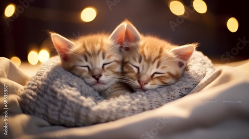 A pair of sleepy kittens nestled together in a cozy bed  their tiny paws tucked under soft fur.