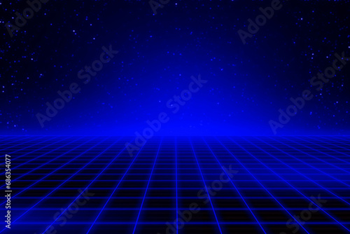 Dark blue space technology light grid line field with sky particles abstract background