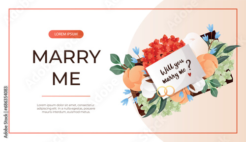 Promo banner with "Will You Marry Me" proposing card in flower box with engagement rings. Wedding day accessories, decorations. Celebrate marriage, save the date ceremony for poster, advertising