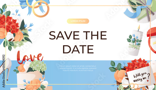 Promo banner with cake with flowers, bride groom engagement ring, proposing card. Wedding day accessories, decorations. Celebrate marriage, save the date ceremony for poster, cover, advertising