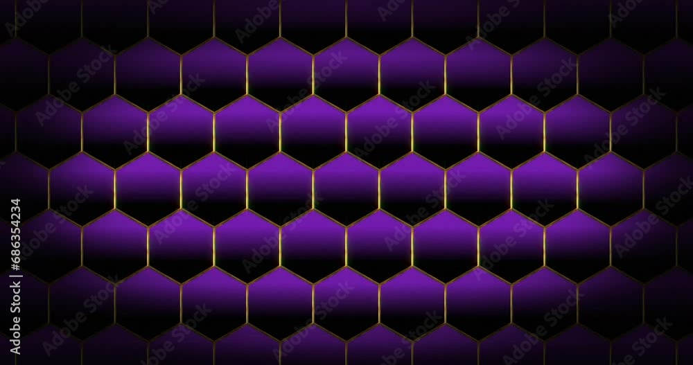 Abstract luxury hexagon honeycomb grid gradient purple color seamless loop pattern animation moving from up to down. Honeycomb hexagon golden frame pattern grid award and luxury background.