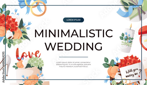 Promo banner with cake with flowers, bride groom engagement ring, proposing card. Wedding day accessories, decorations. Celebrate marriage, save the date ceremony for poster, cover, advertising