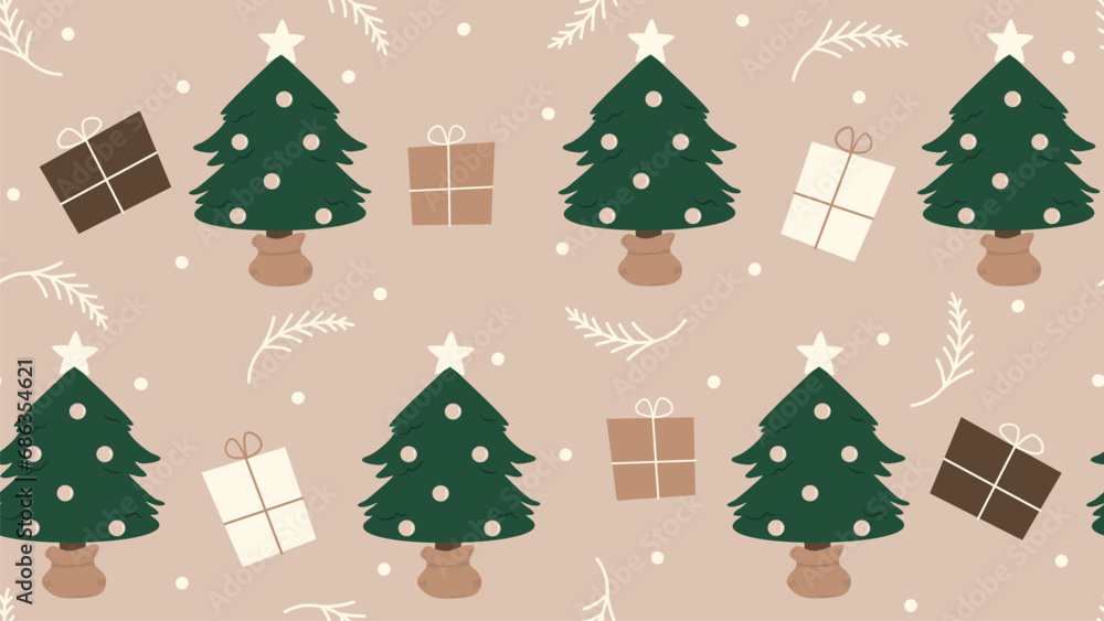 Cute hand drawn christmas seamless vector pattern background illustration with green christmas trees, gift boxes, fir branches and snowflakes Cute hand drawn christmas seamless vector pattern background illustration with green christmas trees, gift boxes, fir branches and snowflakes