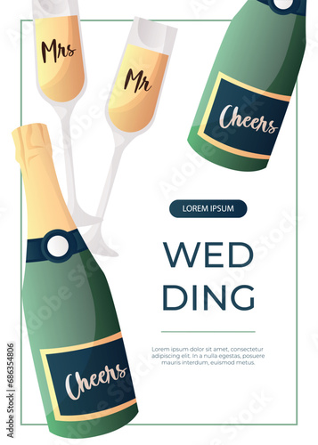 Promo flyer with wedding cheers bottle of champagne, prosecco, holiday sparkling wine. Wedding day accessories, decorations.Celebrate marriage, save the date ceremony for poster, cover, advertising