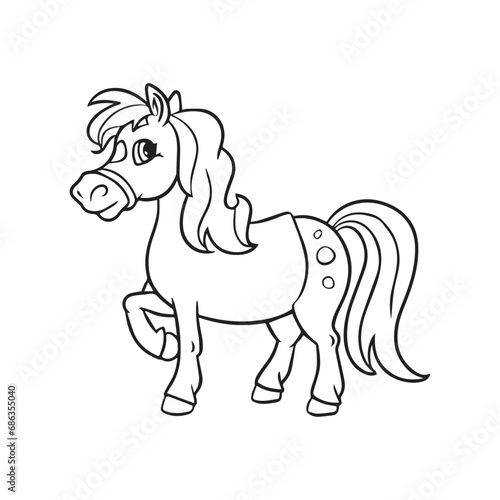 Carton horse  black and white illustration  and coloring page on a white background. line drawing style