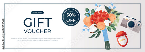 Promo gift voucher with wedding bouquet of peony, engagement ring in red box, retro camera. Wedding day accessories, decorations. Celebrate marriage, save the date ceremony for poster, advertising