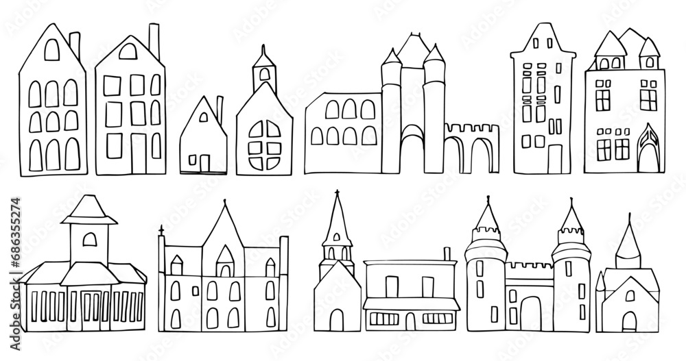 Set vector ink linear buildings, castle, church