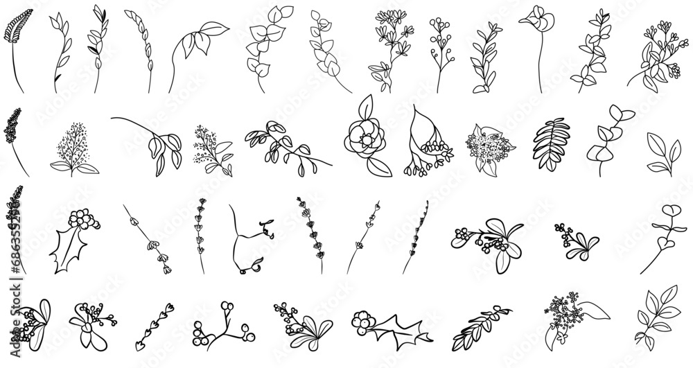 Floral vector ink line set with leaves, brunches, flowers 