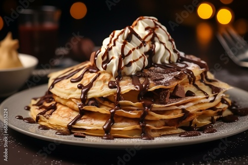 Delicious crepes with chocolate and whipped cream on a bokeh background. Tempting dessert. Generative AI photo