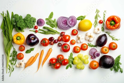 Colorful vegetable arrangement on white background. Flat lay. Fresh food concept. Generative AI