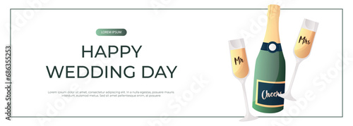 Promo banner with wedding cheers bottle of champagne, prosecco, holiday sparkling wine. Wedding day accessories, decorations. Celebrate marriage, save the date ceremony for poster, advertising