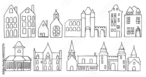 Set vector ink linear buildings, castle, church