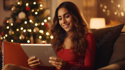 Happy beautiful young latino woman - sitting on sofa holding tablet - doing Christmas shopping