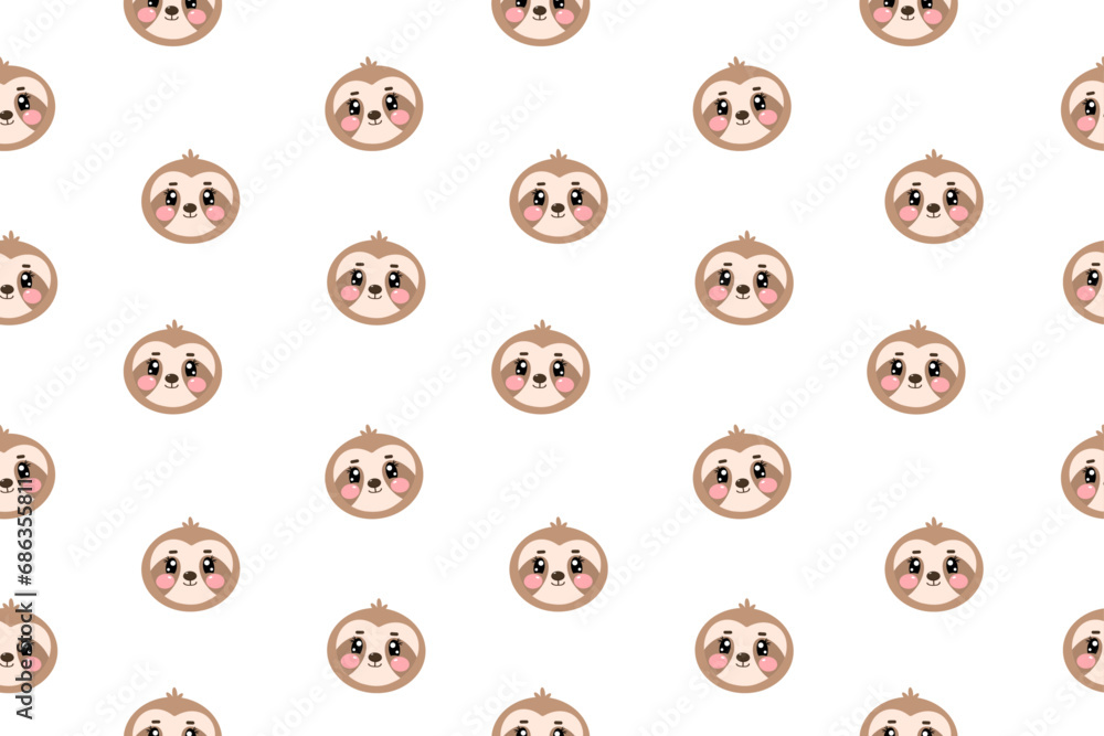Cute kawaii sloth seamless pattern for kids on white isolated background Cute kawaii sloth seamless pattern for kids on white isolated background