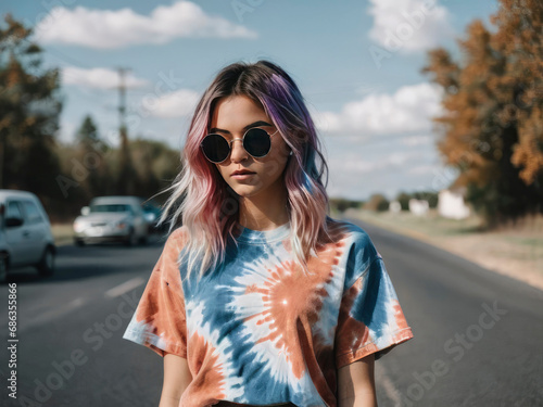 GenX Grunge Woman in a Fun Tie Dyed TShirt and Round Sunglasses standing on a Paved Road