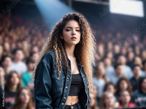 GenX Grunge Teenager Woman Long Brown Wavy Hair Jean Jacket Black Shirt at Music Concert