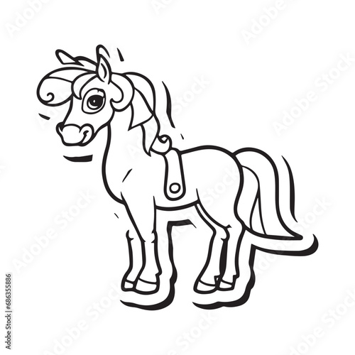 Carton horse  black and white illustration  and coloring page on a white background. line drawing style