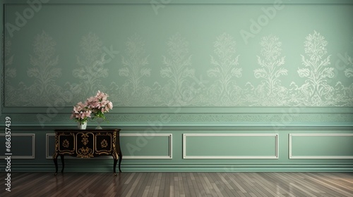 A plain wall in pale mint, with a subtle damask pattern creating a timeless and elegant atmosphere.