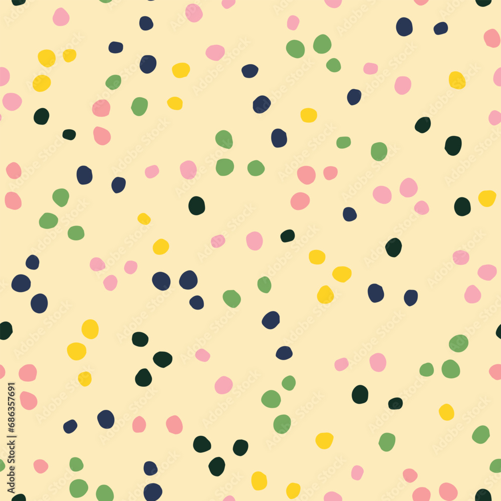 Multicolored polka dot seamless repeat pattern. Random placed, vector round minimal all over surface print on yellow background. Multicolored polka dot seamless repeat pattern. Random placed, vector round minimal all over surface print on yellow background.