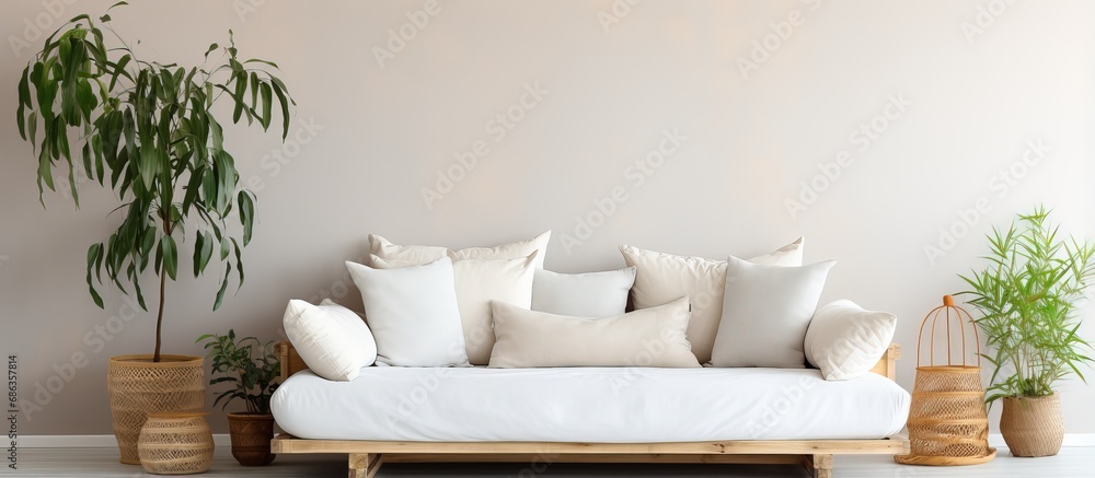White upholstered sofa with a pair of cushions White upholstered sofa with a pair of cushions
