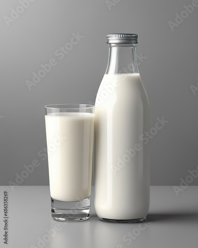 Full bottle and glass of milk on a gray background