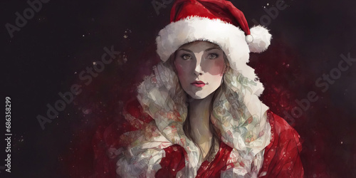 Christmas girl santa claus in a red cap. Watercolor drawing, generative ai. © Valentina Watercolor