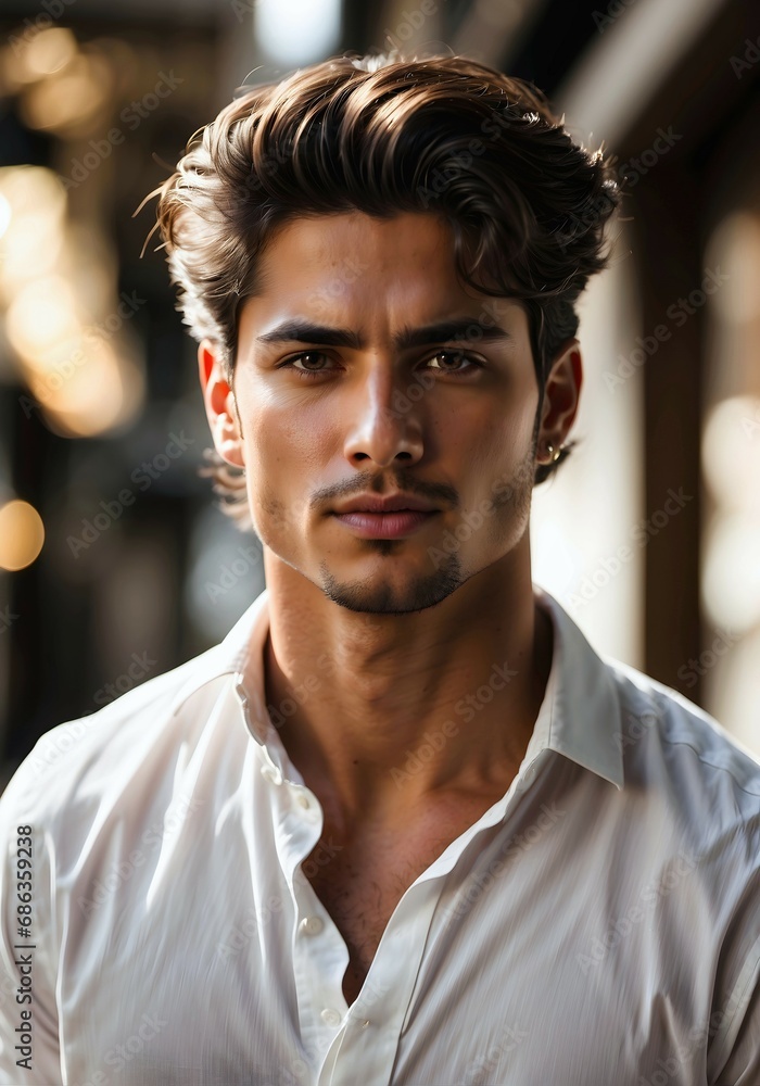 Obraz premium Portrait of handsome young Spanish male model in white shirt, people background