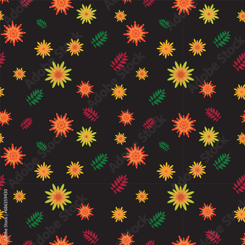 seamless floral pattern with flowers leaves and black background isolated vector graphic design for fabric and web or print