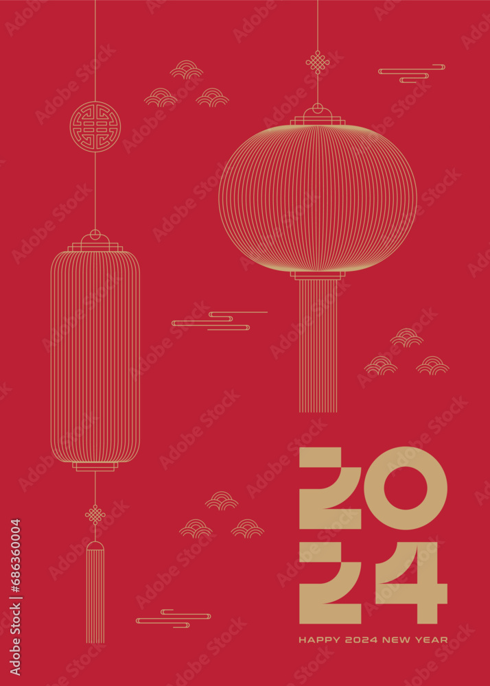 Asian traditional style minimal poster with line art decor elements. Vector illustration.