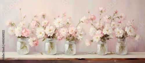 Glass jars with white and pink flowers and a note wishing you a pleasant day photo