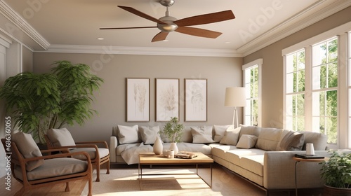 A quiet and efficient ceiling fan circulating cool air in a well-designed and cozy living room. photo