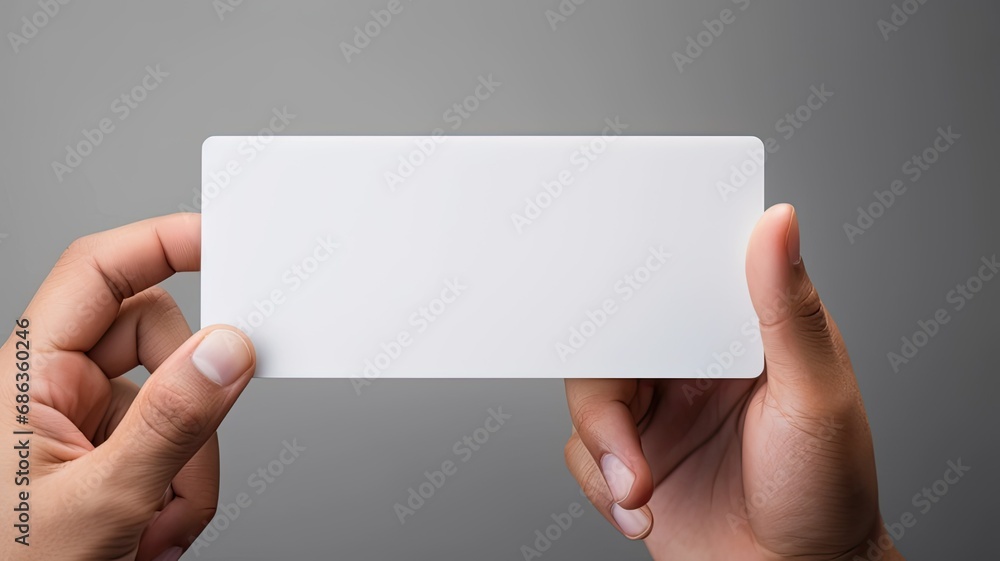 a man's hand holding a blank, simple white business card design mockup, the absence of text and the potential for business branding against a light background. a man's hand holding a blank, simple white business card design mockup, the absence of text and the potential for business branding against a light background.